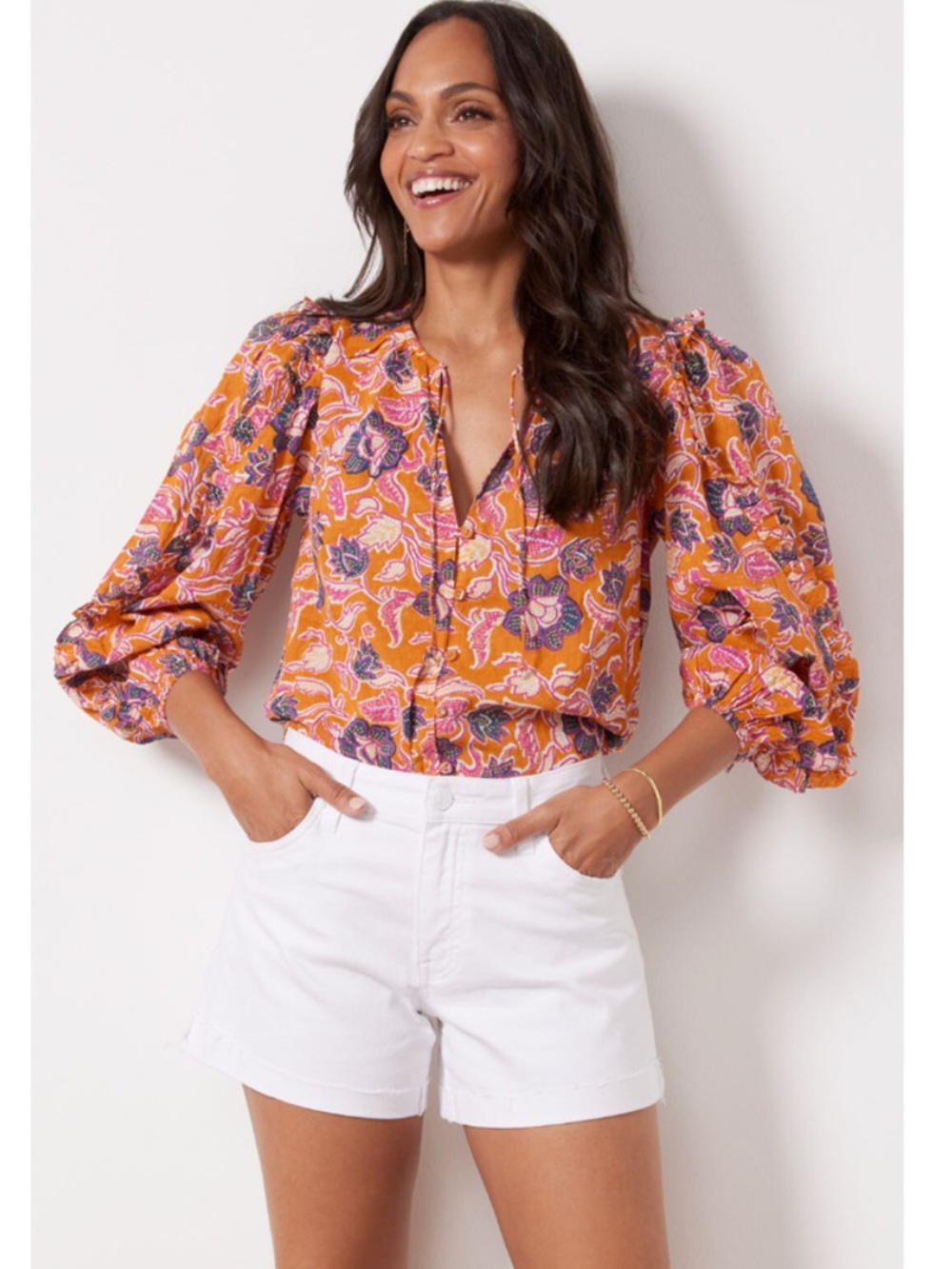 Cleobella Talia Button Front Blouse Tropique organic cotton floral festival S